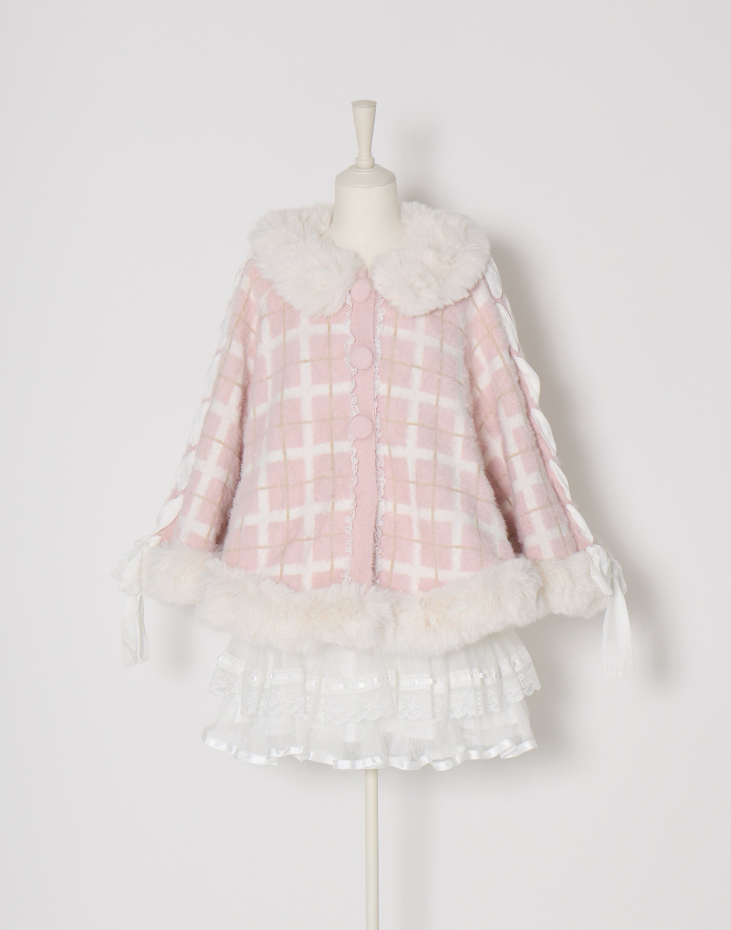 新品　mellfymemory ニットポンチョ Fluffy fur girl's check ニットポンチョ – mellfy memory