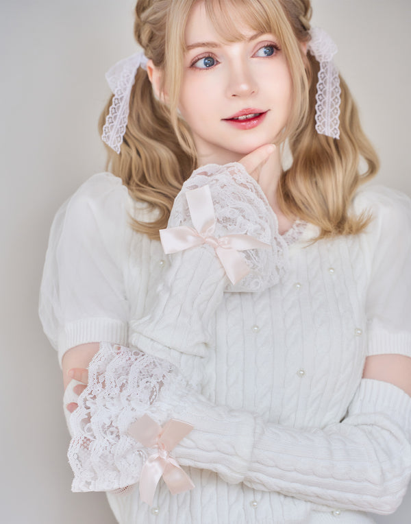 【10月3日（金）12時販売開始】Pearl cable knit Lace arm warmer ニット