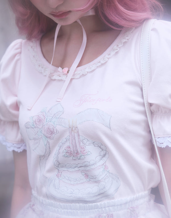 Rose cake puff sleeve Tee／Fiorforte