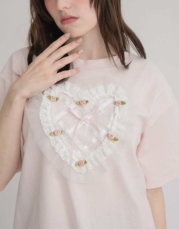 【POPUP SHOP先行販売】Lace and tulle frill heart T-shirt／Lolime