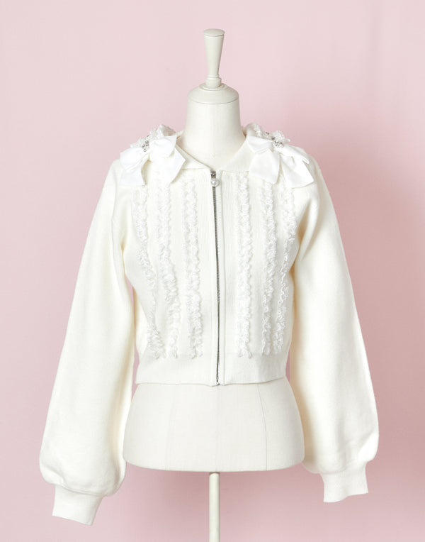 Ribbon ＆ lace ruffle headdress hoodie ニット