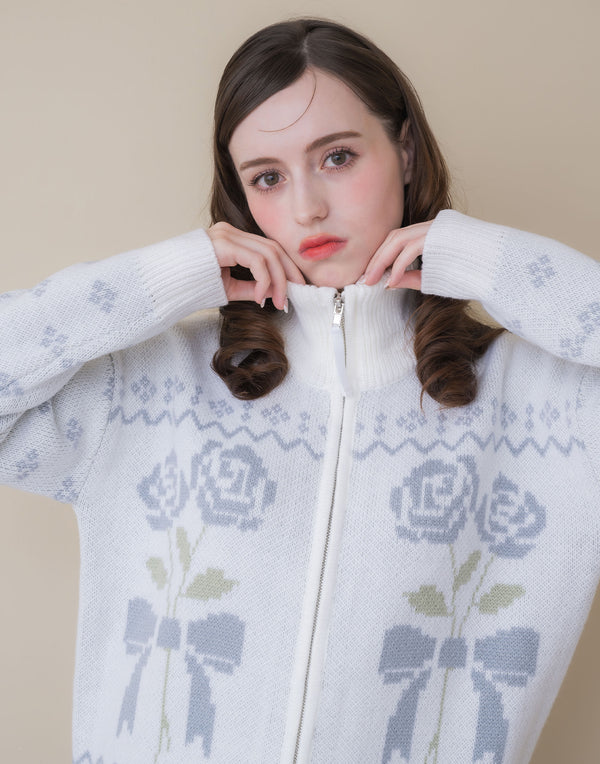 ribbon & floral cowichan knit zip up／Lolime