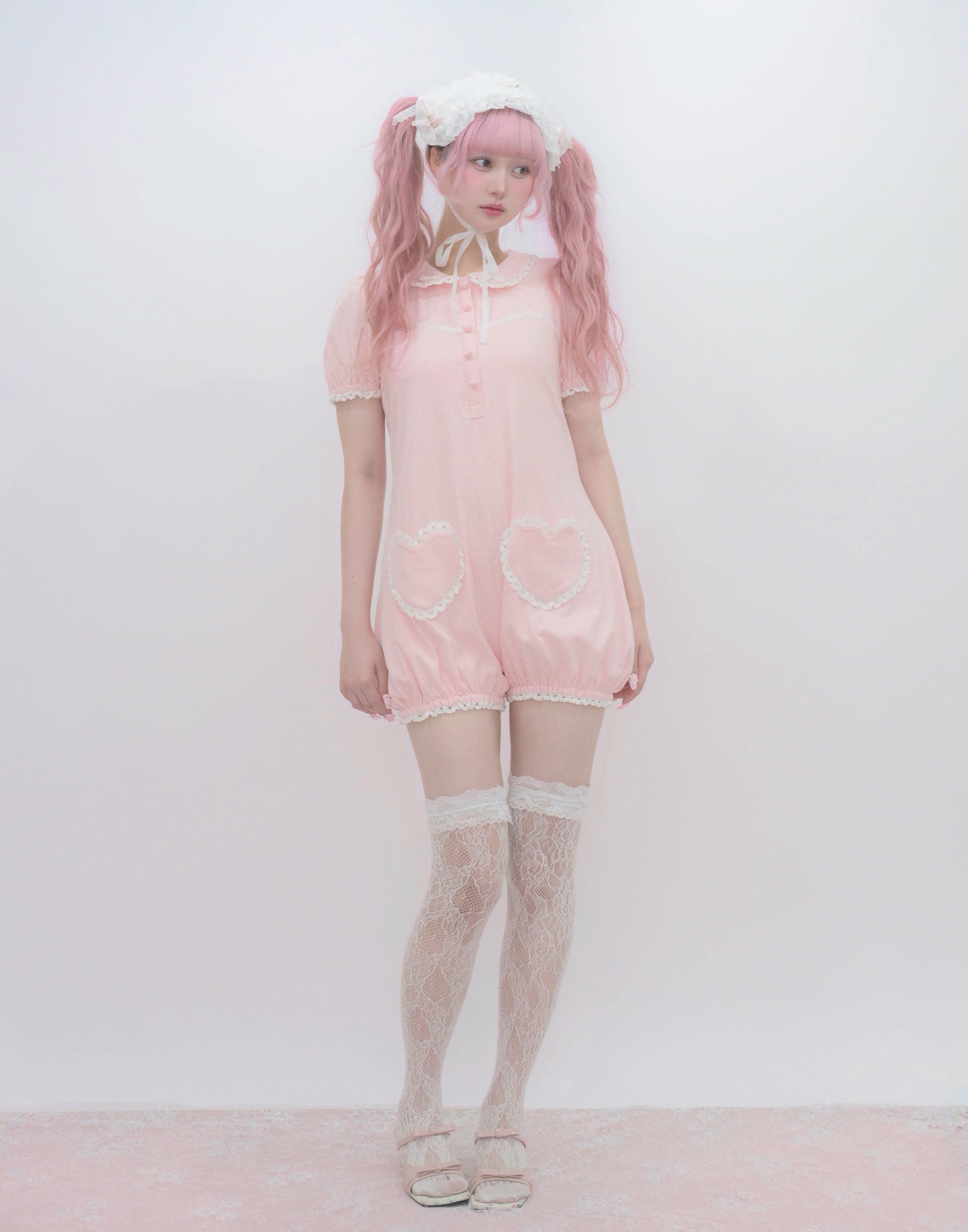 fiorforte レース パフスリーブ トップス ピンク babish rompers／Fiorforte – mellfy memory