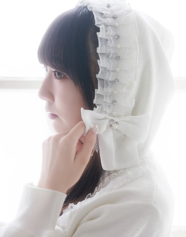 Ribbon ＆ lace ruffle headdress hoodie ニット