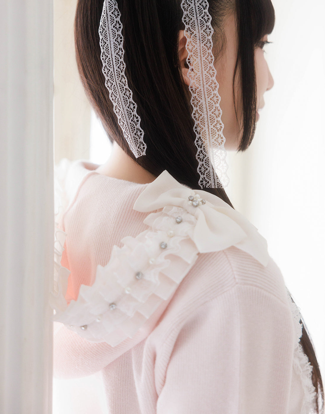 【10月発送】Ribbon ＆ lace ruffle headdress hoodie ニット