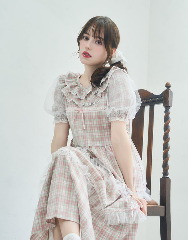 【9月2日(火)12時発売開始】check puff sleeve dress／Lolime（Mサイズ・LLサイズ展開）